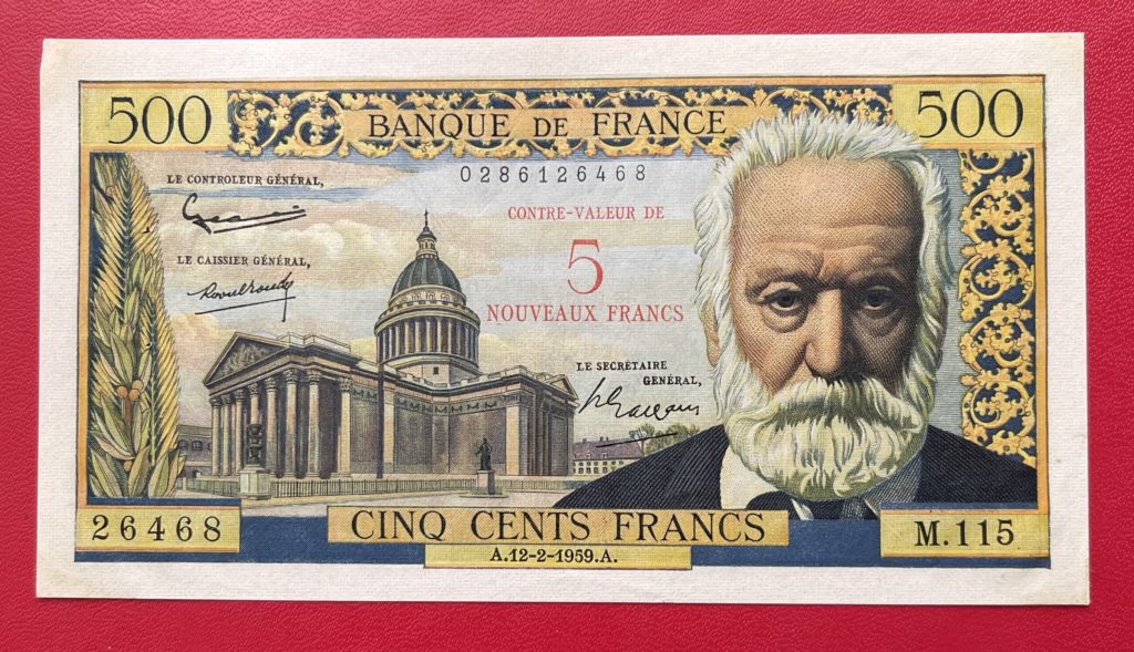 billet 5 nouveaux francs sur 500 Francs Victor Hugo